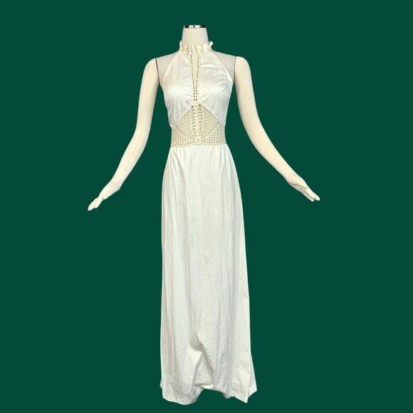 Dresses & Skirts - Vintage 1970s Dress Maxi Floor Length Cream Colored Crochet Neckline Inserts